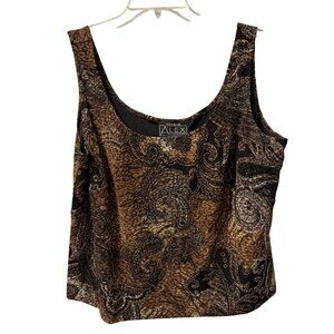 Alex Evenings Womens Paisley Print Tank Top 1X Brown/Black Satin Trim Polyester/